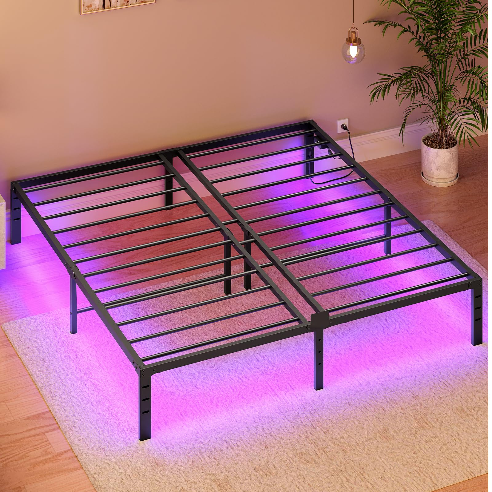 Black metal bed frame with LED lighting in a room setting.
