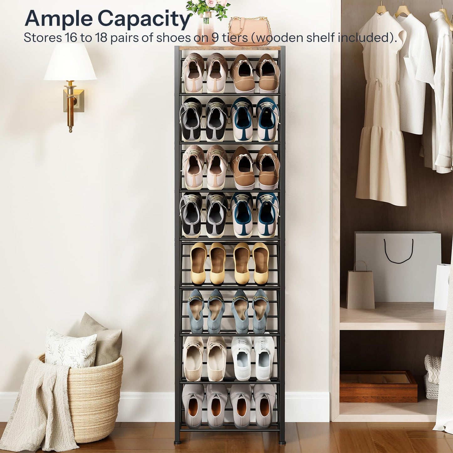 Tall shoe rack with multiple pairs of shoes on a wooden shelf in a room setting.