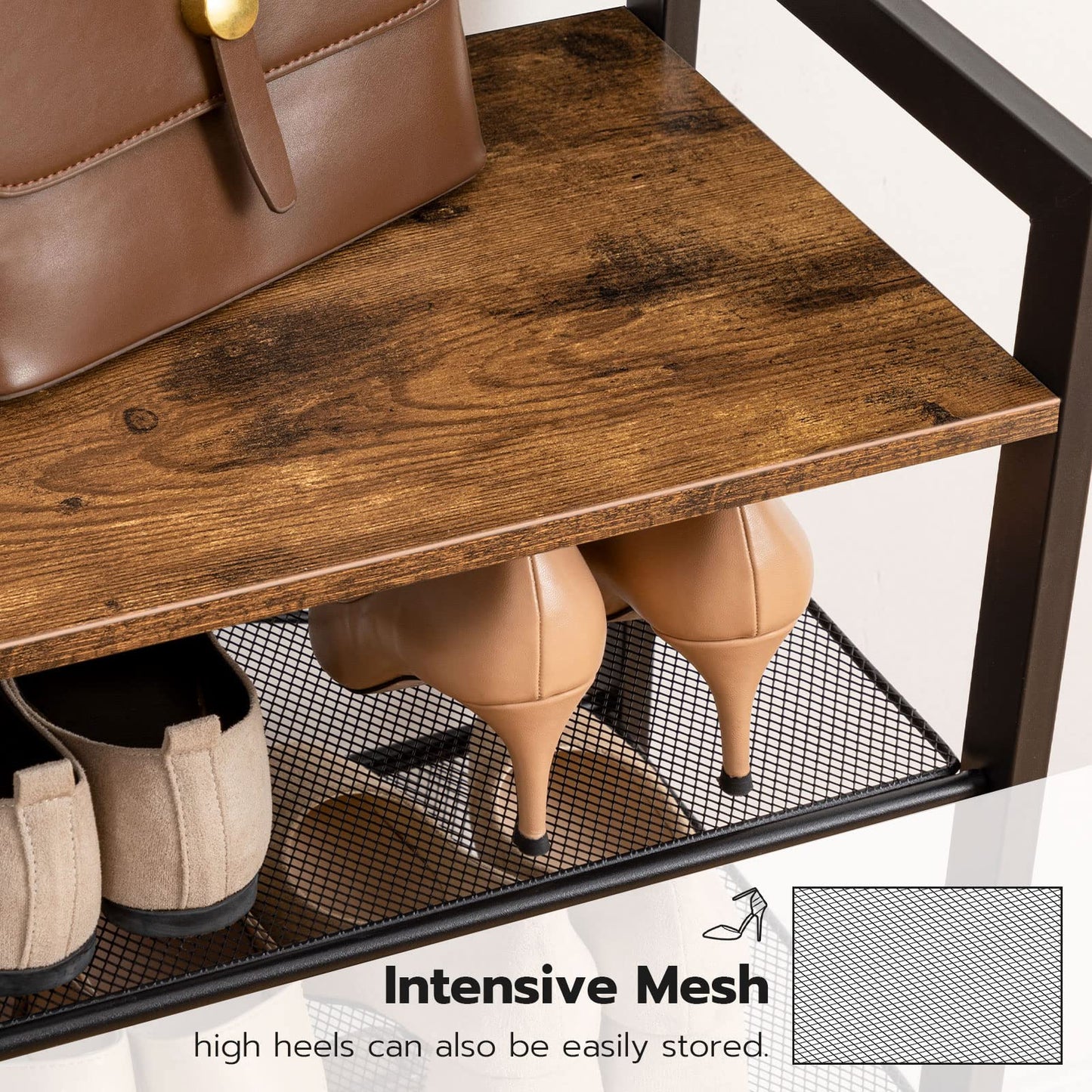 HOOBRO Retro Brown Industrial Style Five-Tier Hallway Coat Rack with Shoe Storage & Bench & 5 Hooks