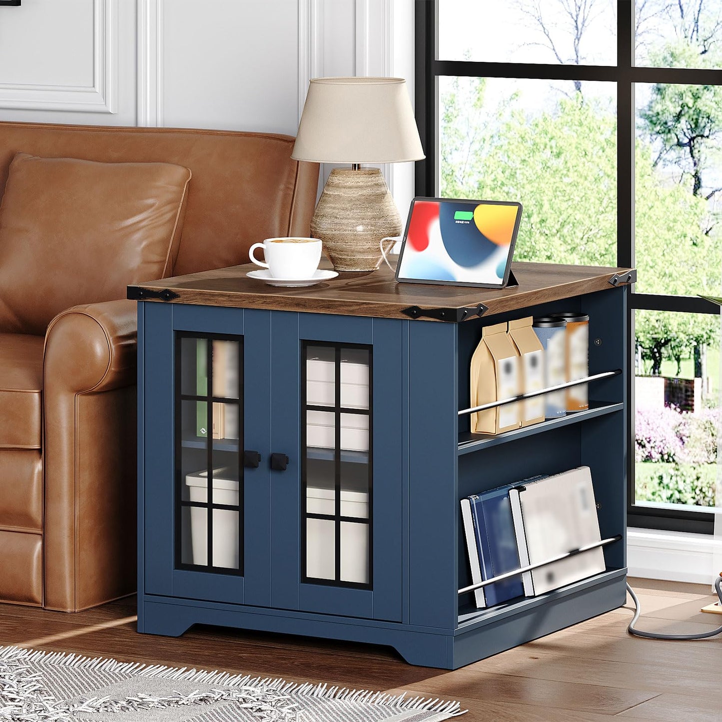 HOOBRO Blue Farmhouse Style 23.6-inch Large Side Table with Charging Station & Side Shelf