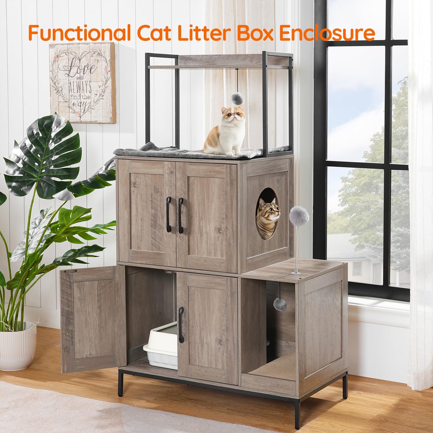 HOOBRO 2-in-1 Double-Layer Concealed Litter Box Furniture with Shelf & 2 Hanging Plush Balls & 1 Toy Bal