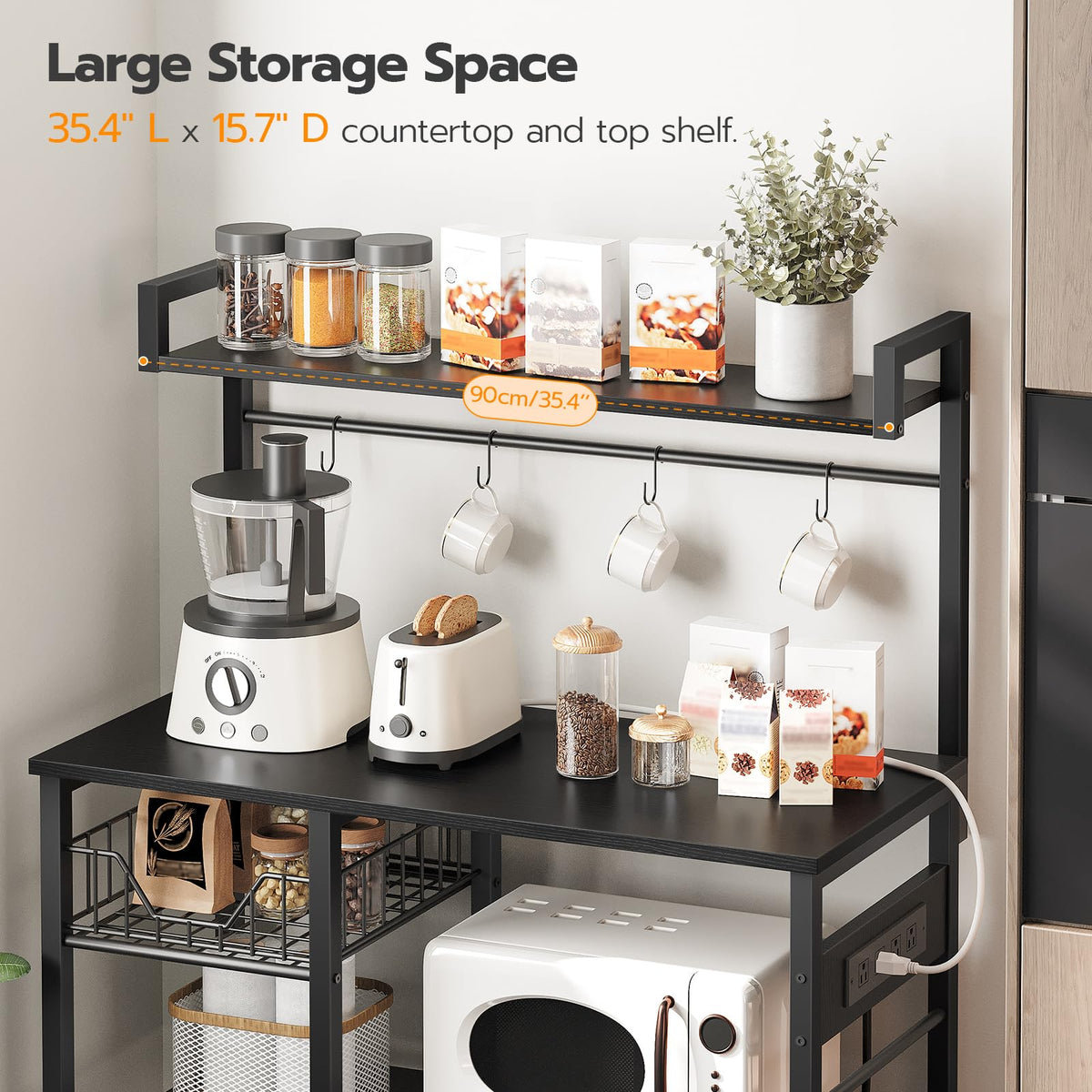 HOOBRO Bakers Rack with Power Outlet, 35.4 Inches Coffee Bar with Mesh Basket, Microwave Stand with 4 S-Shaped Hooks, Kitchen Bakers Rack with Storage, Easy to Assemble, Black BB05HB01