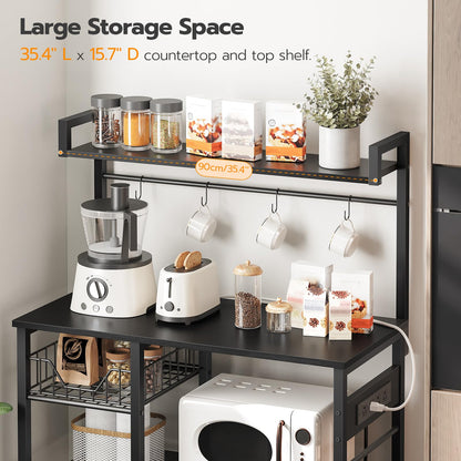 HOOBRO Bakers Rack with Power Outlet, 35.4 Inches Coffee Bar with Mesh Basket, Microwave Stand with 4 S-Shaped Hooks, Kitchen Bakers Rack with Storage, Easy to Assemble, Black BB05HB01