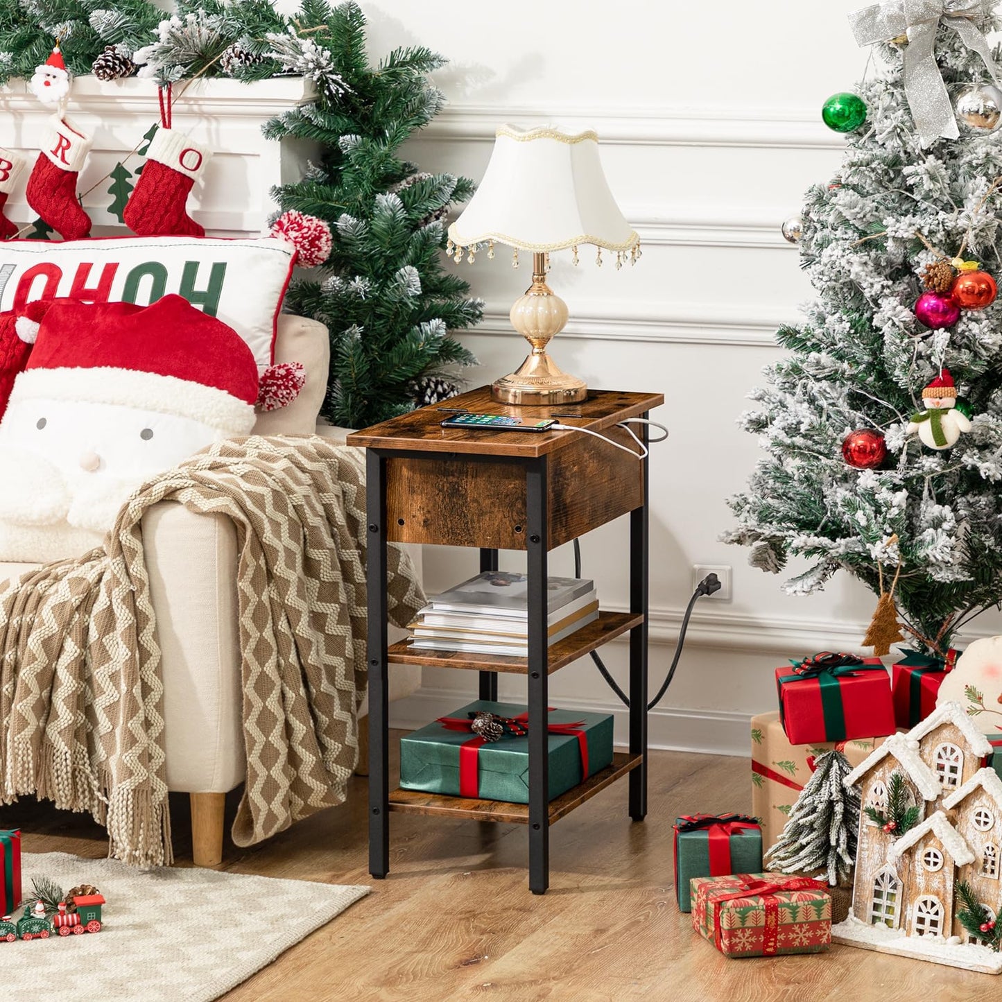 HOOBRO Retro Brown Flip-Top Narrow Side Table with USB Port/Socket/Shelf