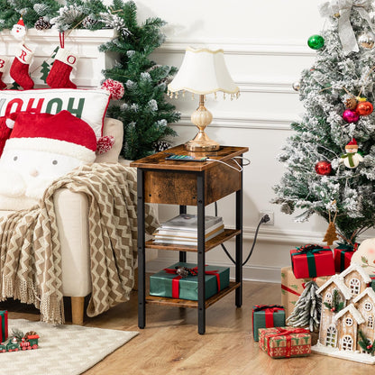 HOOBRO Retro Brown Flip-Top Narrow Side Table with USB Port/Socket/Shelf