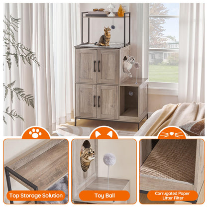 HOOBRO 2-in-1 Double-Layer Concealed Litter Box Furniture with Shelf & 2 Hanging Plush Balls & 1 Toy Bal