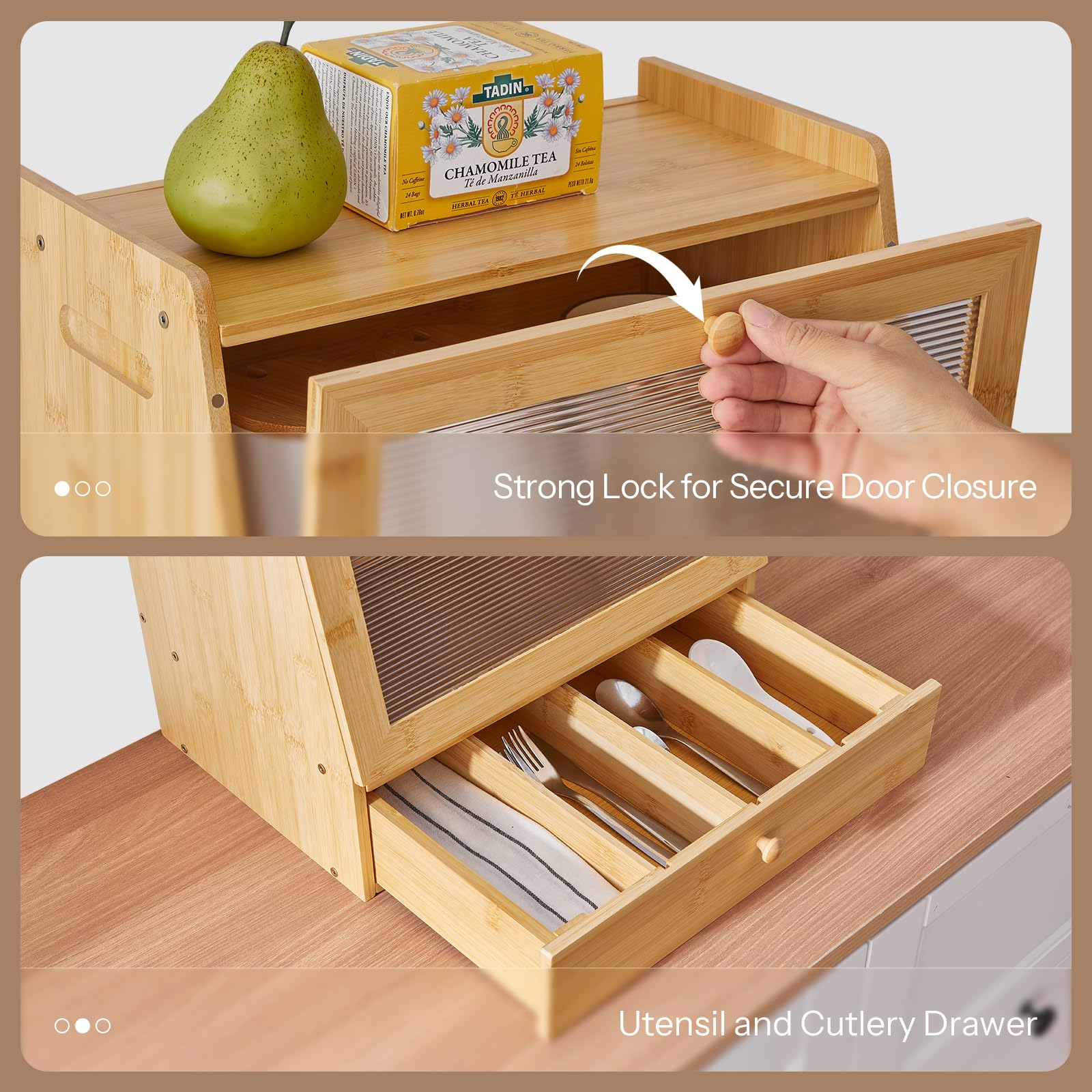 Wooden kitchen organizer with a drawer open, showing utensils and cutlery.