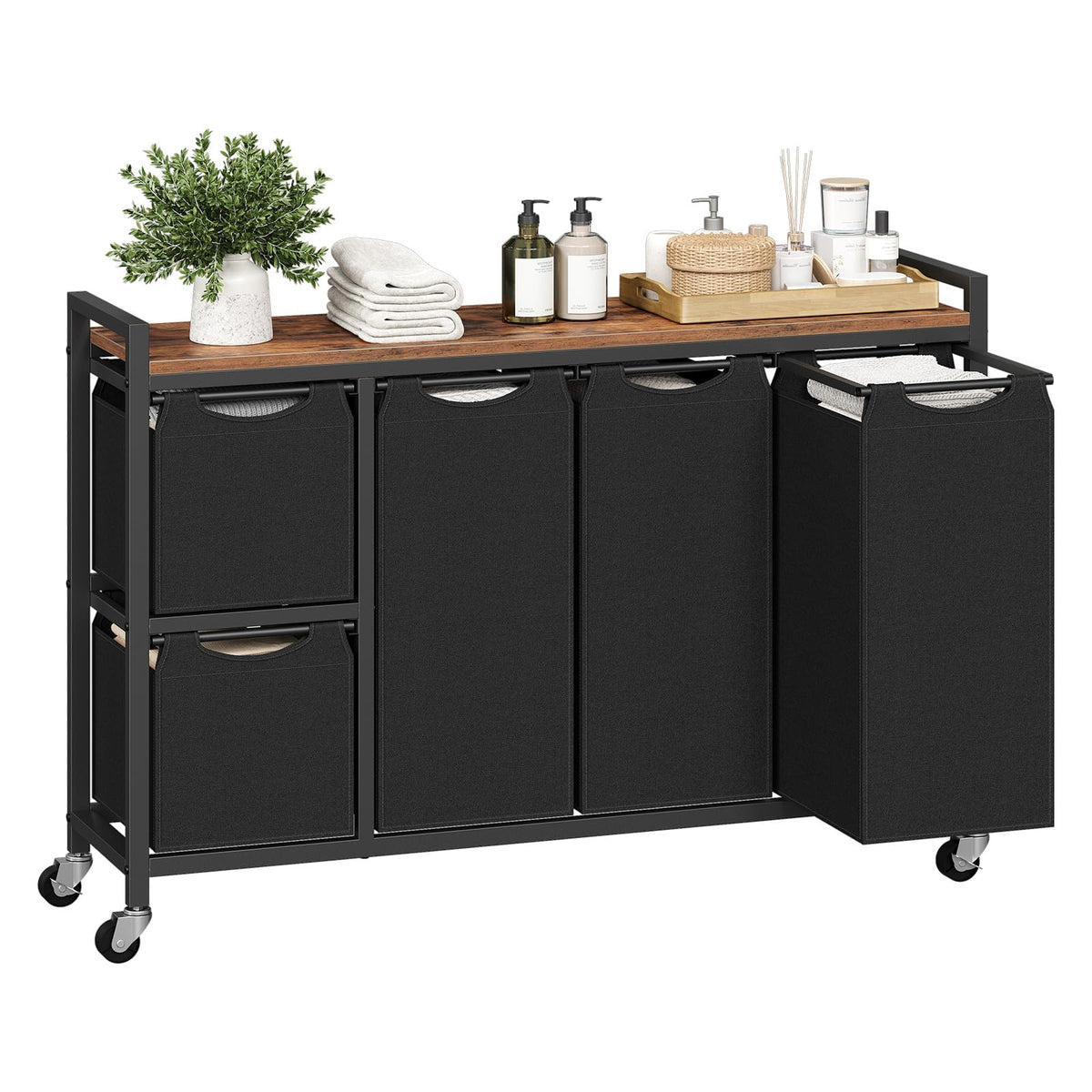 HOOBRO Laundry Sorter with 5 Sections, 45.5 Gal. (170 L) Laundry Hamper with Wheels and Shelf, Large Capacity, Laundry Basket with Removable Bags, 44.1"L x 11.8"W x 31.5"H, Rustic Brown, BF26XY01
