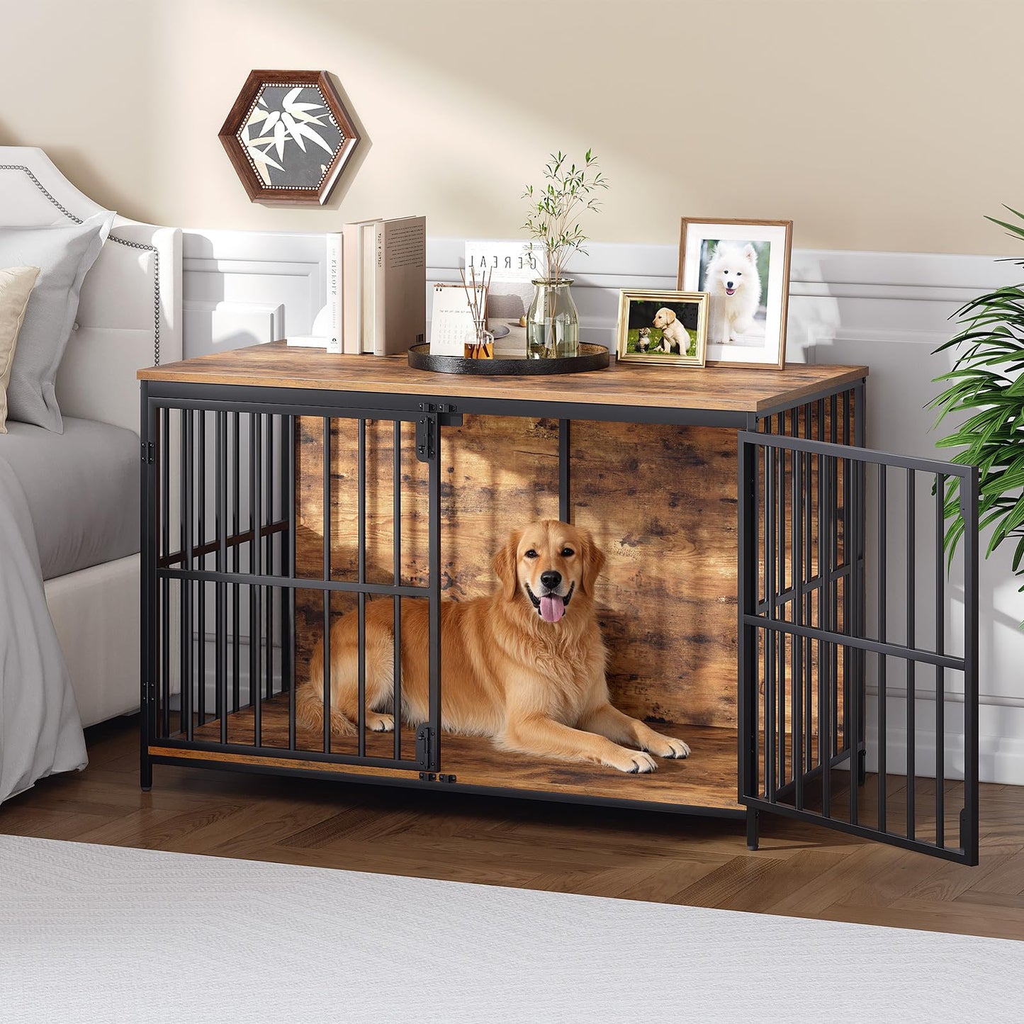 HOOBRO Vintage Brown 46.5-inch Wooden Large Dog Cage with Decorative Side Table