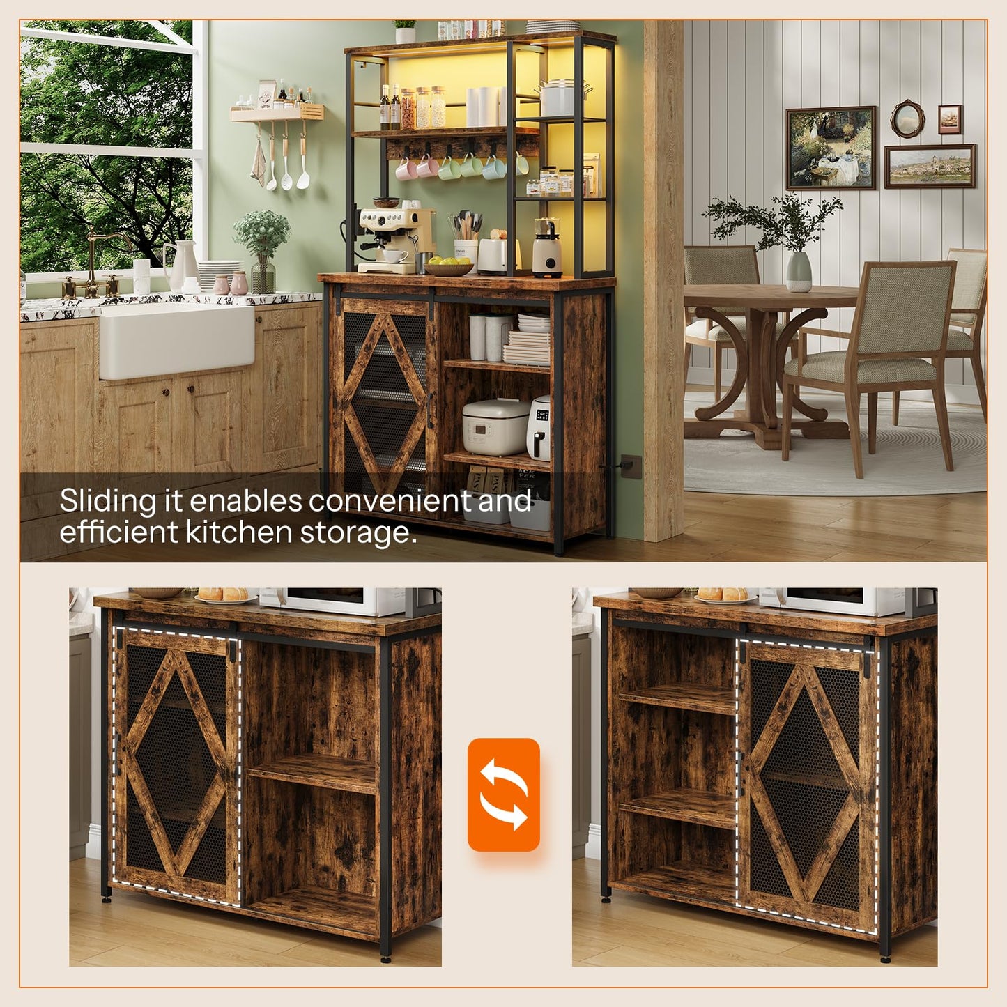 Wooden kitchen storage unit with sliding doors in a kitchen setting.
