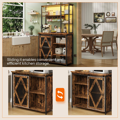 Wooden kitchen storage unit with sliding doors in a kitchen setting.
