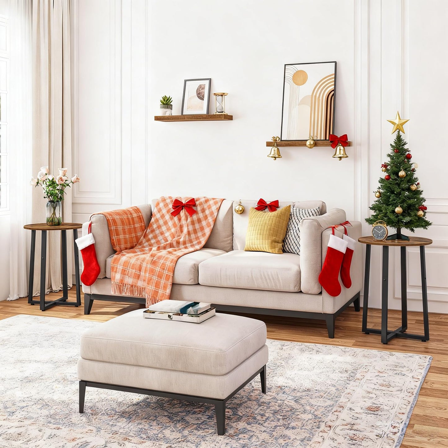 HOOBRO 15.7-inch Brown Round Side Table with Sturdy Metal Base