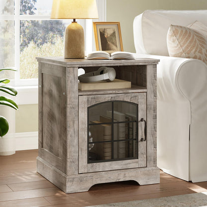 HOOBRO 17.7-inch Greige Wood Farmhouse Style Living Room Side Table with Charging Station