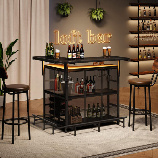 Bar setup with bottles and neon 'loft bar' sign in a home setting