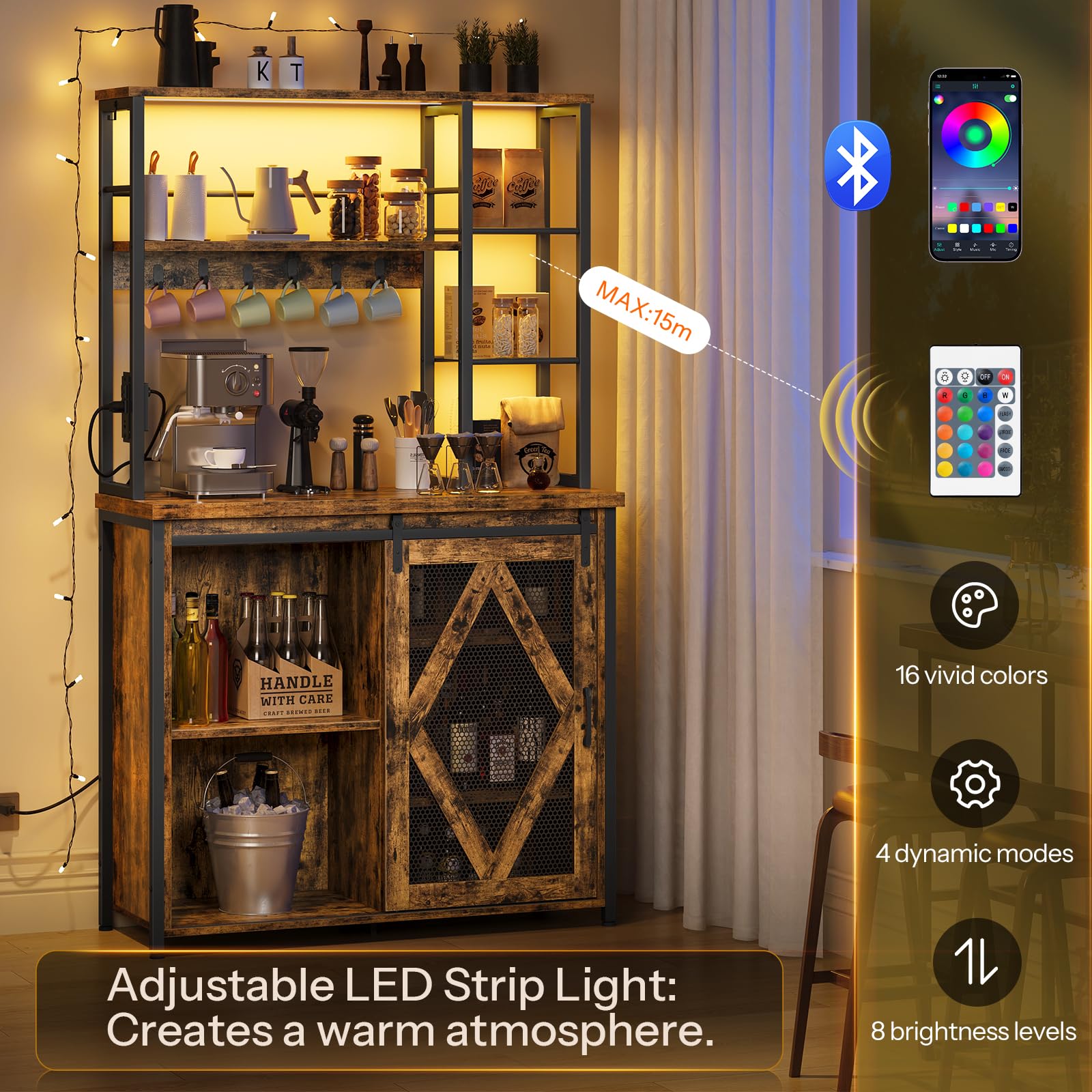 Wooden bar cabinet with adjustable LED strip light, coffee machine, and decorative items.