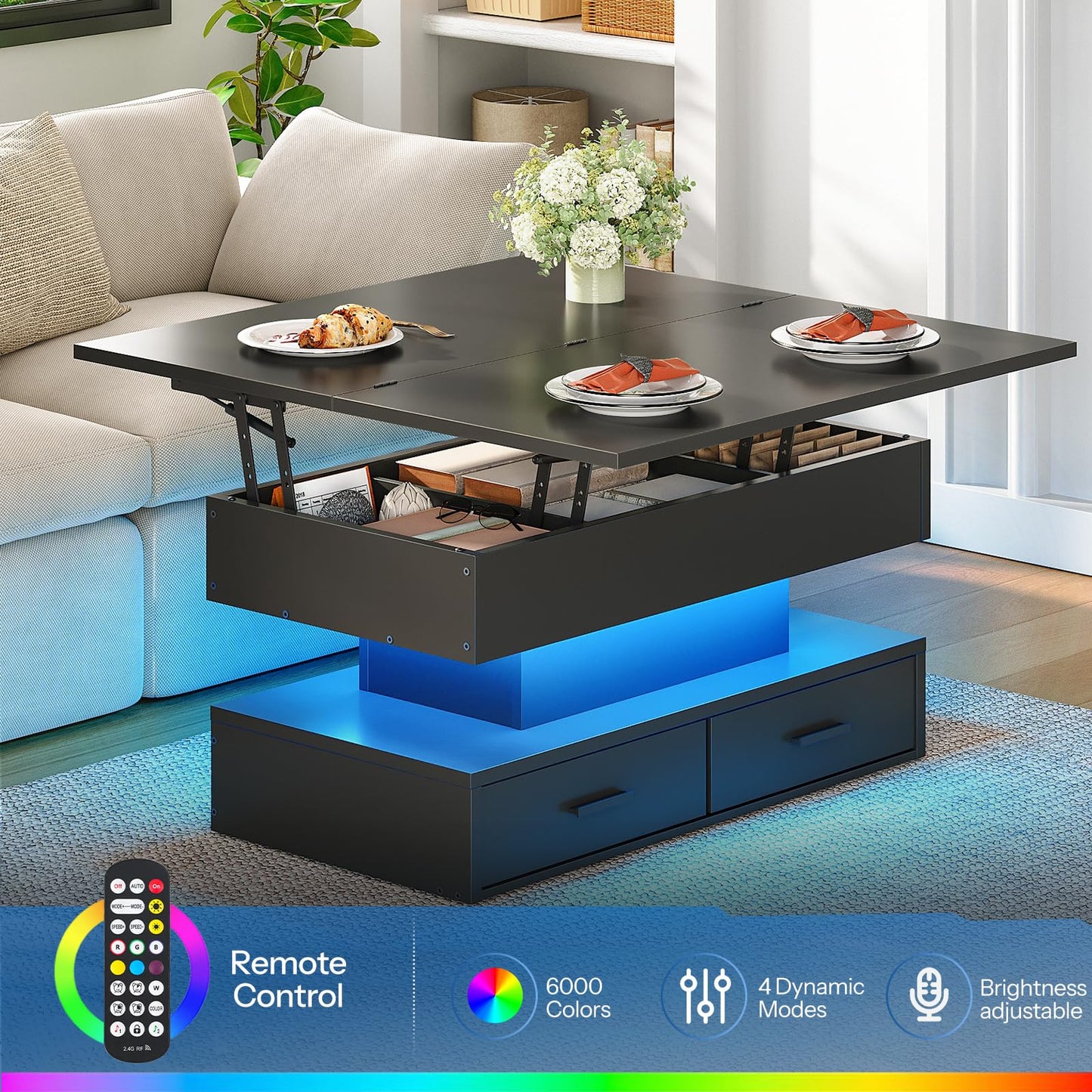 Modern coffee table with lift-top feature in a living room setting, featuring LED lighting and remote control.