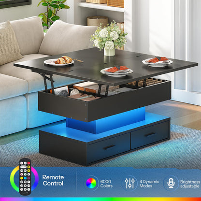 Modern coffee table with lift-top feature in a living room setting, featuring LED lighting and remote control.