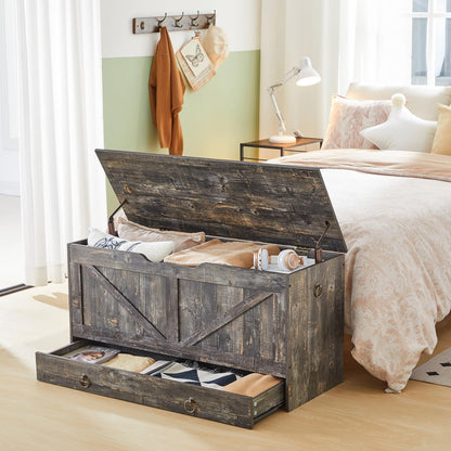 HOOBRO 39.3-inch Wooden Toy Box Storage Box with Drawers & Safety Hinges & U-Shaped Opening