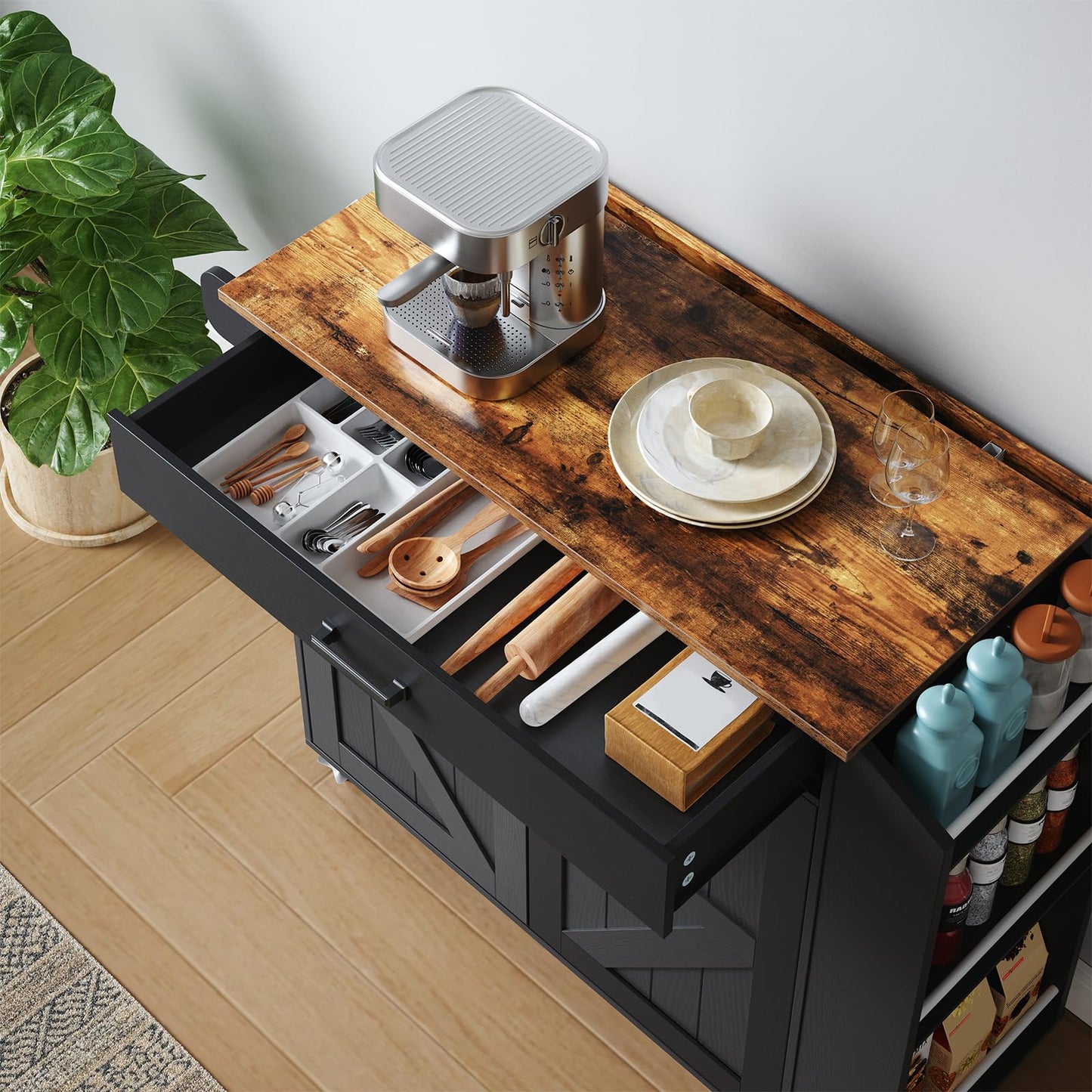 HOOBRO Black Portable Kitchen Island with Folding Countertop & Power Outlet & Drawers and Spice Rack