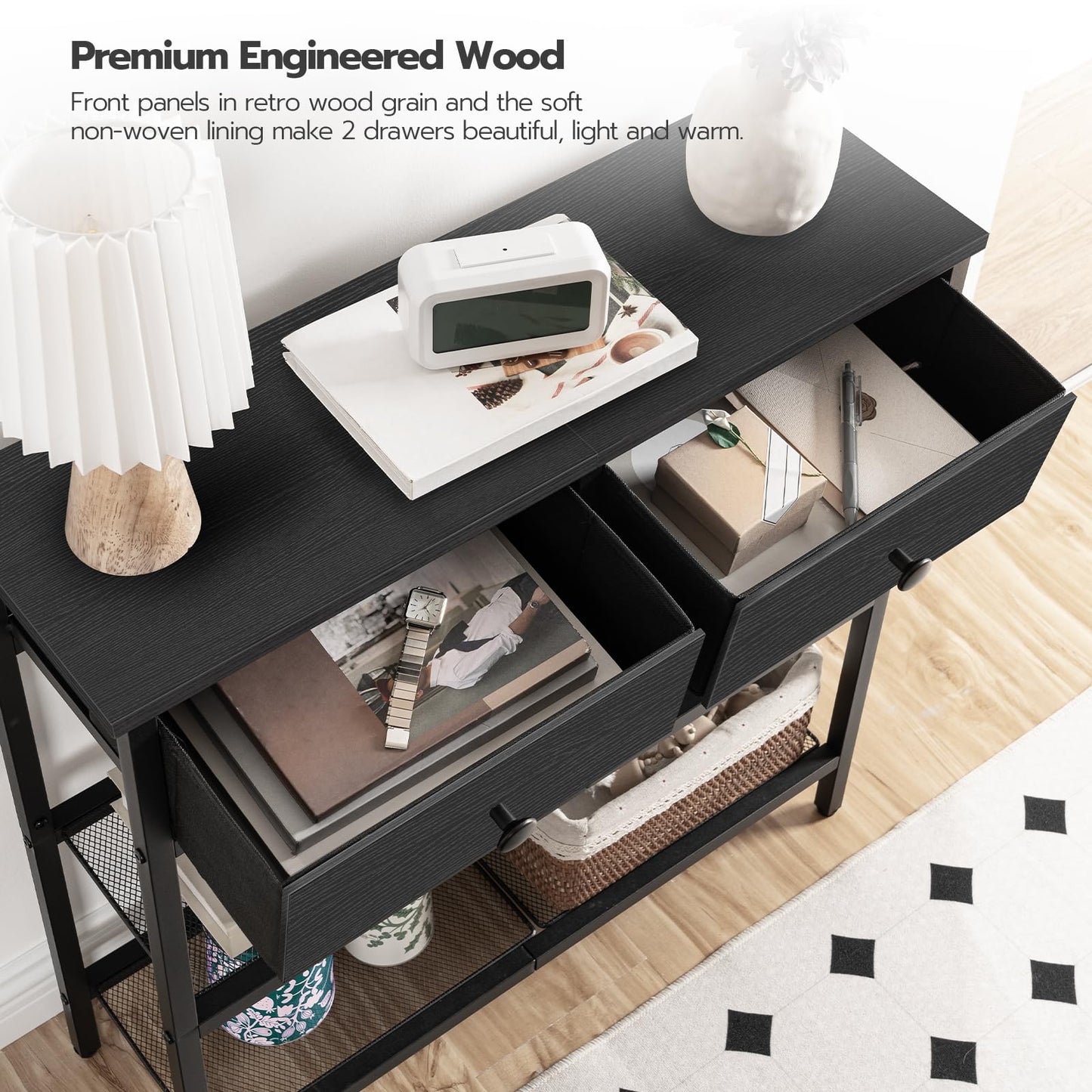 HOOBRO 29.5-inch 3-Tier Narrow Console Table with Drawers