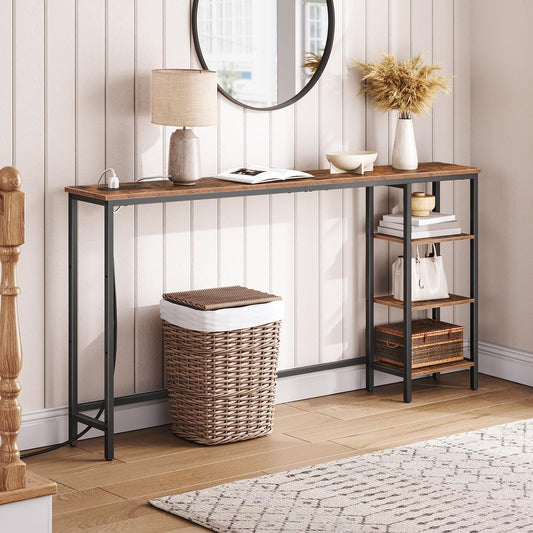 HOOBRO 63-inch Console Table with Power Outlet & Storage & Shelves