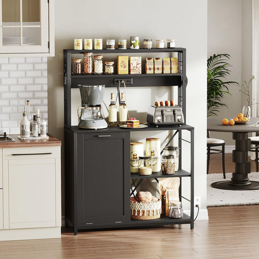 Black kitchen storage shelf with various items in a kitchen setting