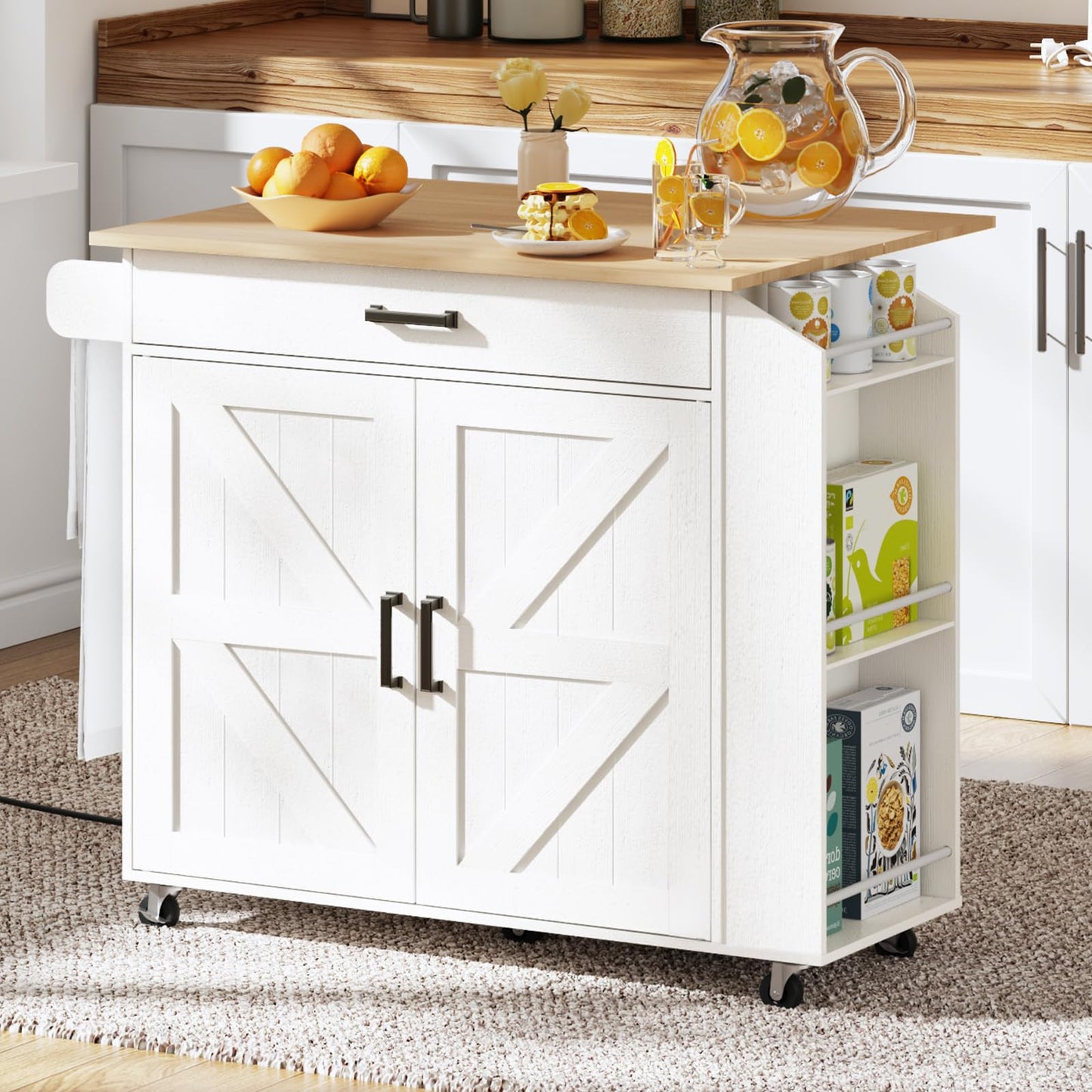 HOOBRO White Movable Kitchen Island with Folding Countertop & Power Outlet & Drawers & Spice Rack