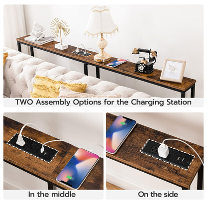 HOOBRO Retro Brown 78.7-inch Narrow Console Table with Charging Station & 2 Power Outlets & USB Port