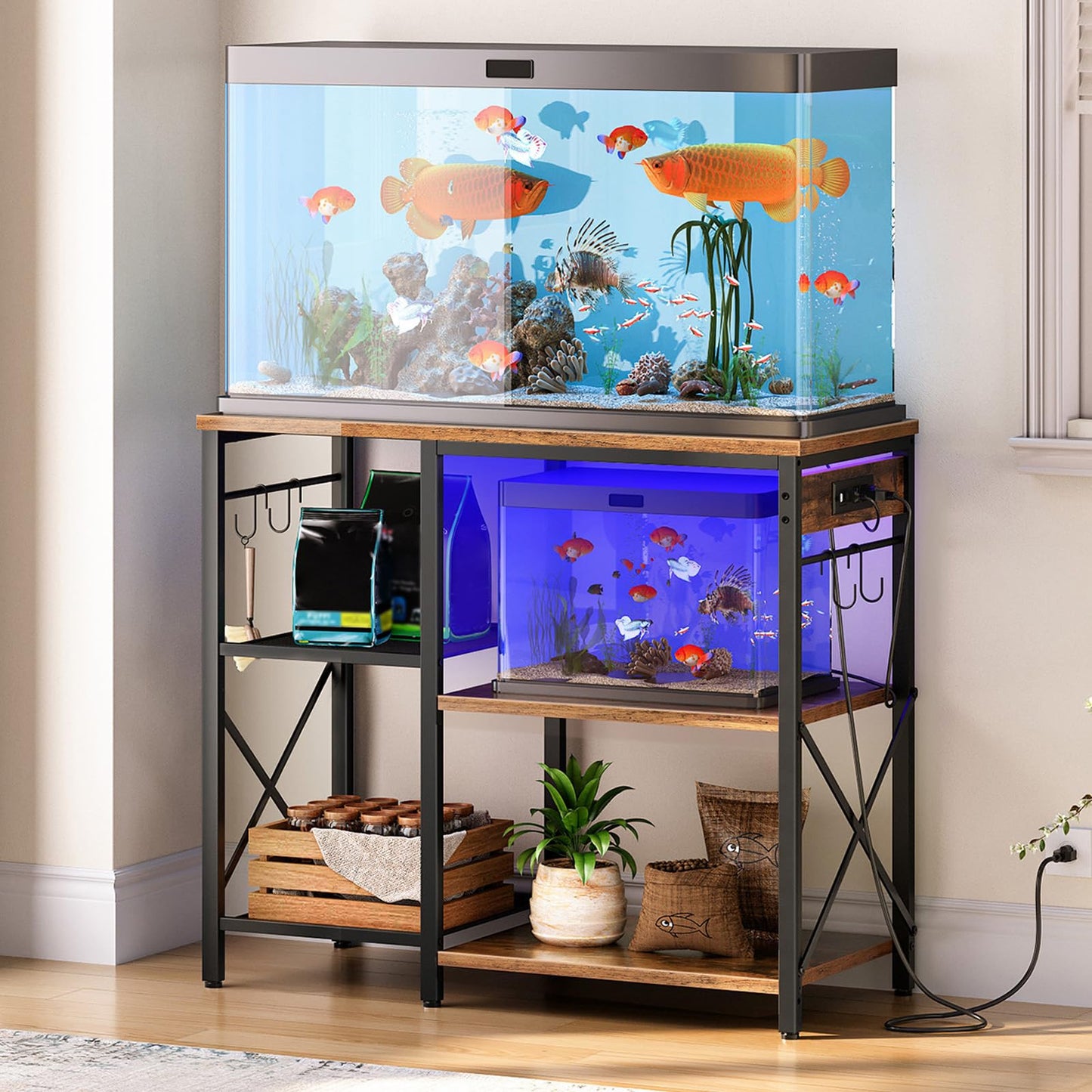 Fish tank with stand and decorative items on a wooden floor.