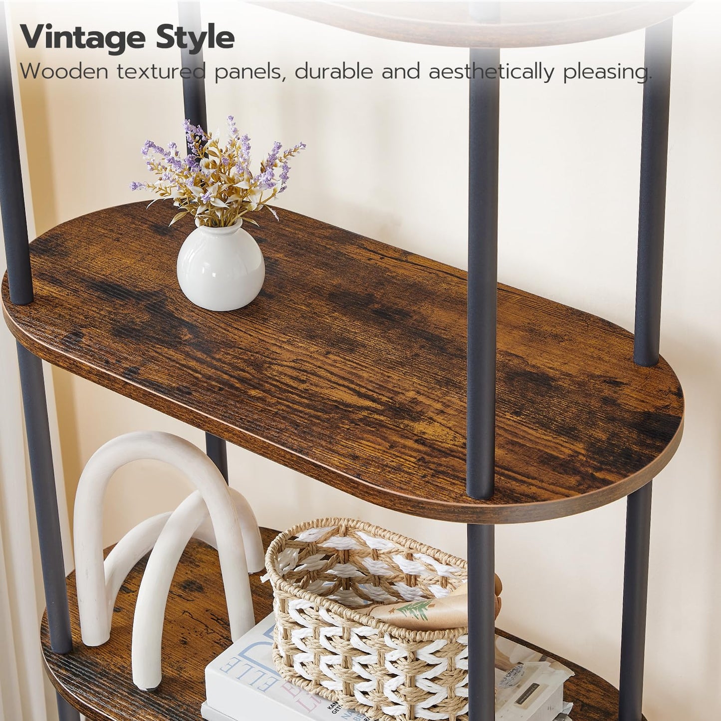 HOOBRO Retro Brown Wood Five-Tier Open Industrial Style Arched Bookshelf Display Rack