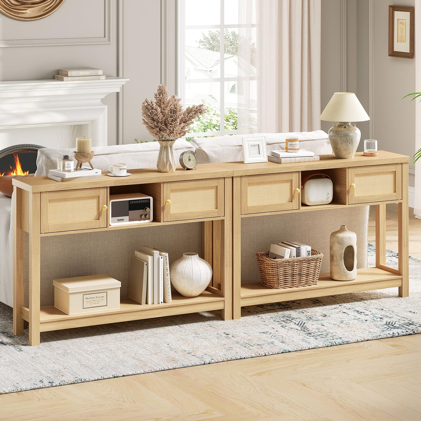 HOOBRO 47-inch Rattan Style Entryway  Console Table with Storage