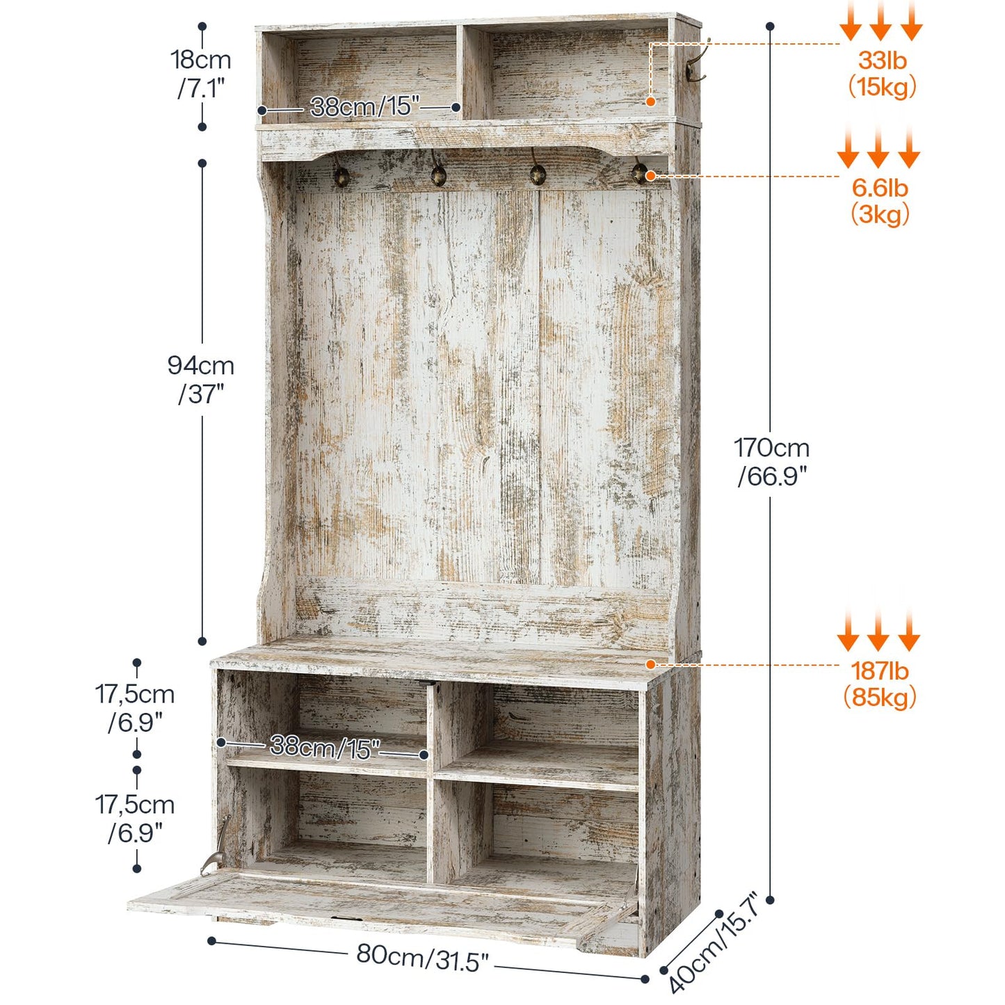 HOOBRO Vintage White Bench with Flip-Top Shoe Cabinet & Coat Rack for Entryways