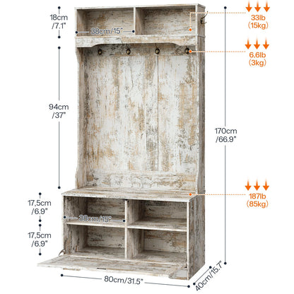 HOOBRO Vintage White Bench with Flip-Top Shoe Cabinet & Coat Rack for Entryways