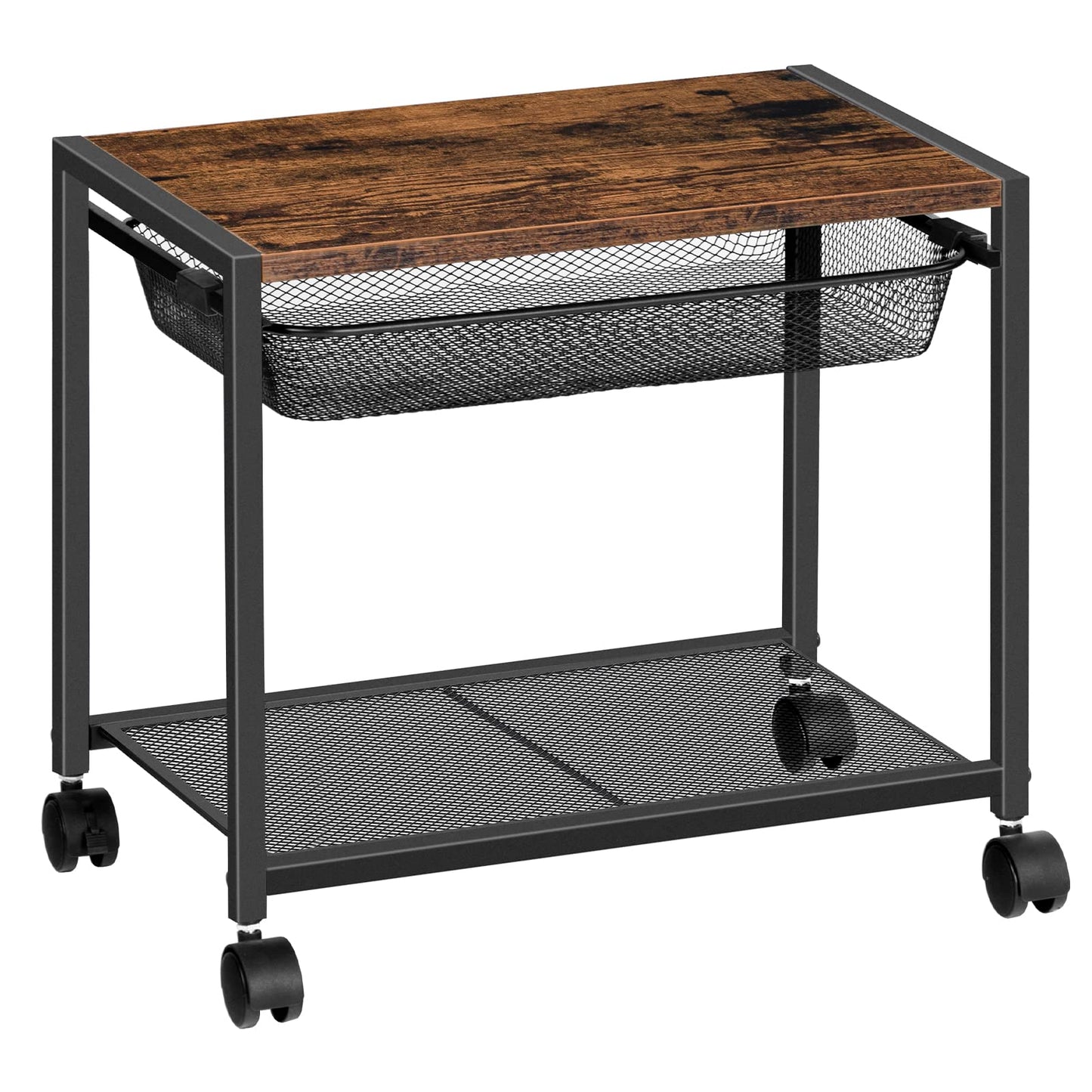 HOOBRO Retro Brown Double-Layer Movable Printer Stand Trolley with Wheels & Storage Shelf