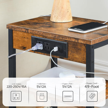 HOOBRO Retro Brown Three-Layer Adjustable Side Table with Charging Station & USB Port