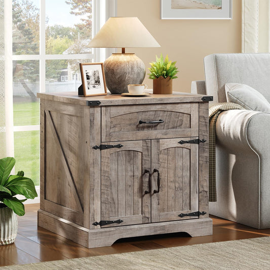 HOOBRO 23.6-inch Country Style Large Flip-Up Side Table with Charging Station & Drawers