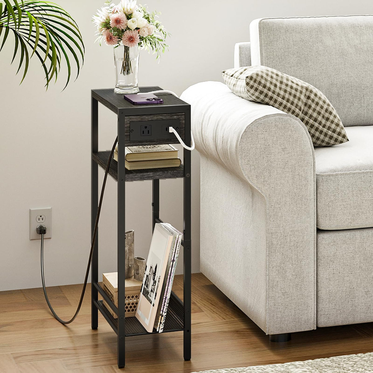 HOOBRO Small Narrow Side Table with Charging Station, Skinny End Table for Small Spaces, Slim Nightstand with USB Ports Outlet, Sofa Beside Table with Storage Shelf, Charcoal Black BC102UBZ01