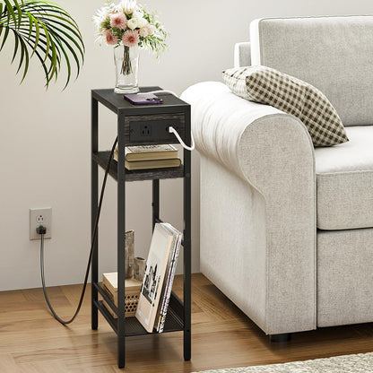 HOOBRO Small Narrow Side Table with Charging Station, Skinny End Table for Small Spaces, Slim Nightstand with USB Ports Outlet, Sofa Beside Table with Storage Shelf, Charcoal Black BC102UBZ01