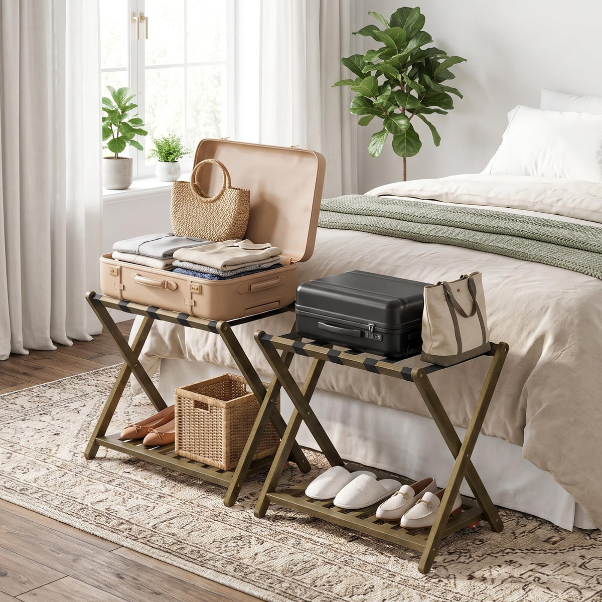 HOOBRO 2-Tier Solid Wood Folding Luggage Rack for Guest Room, Bedroom