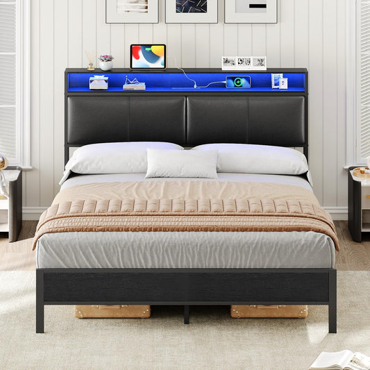 HOOBRO Full Metal Bed Frame with LED Lights & Charging Station
