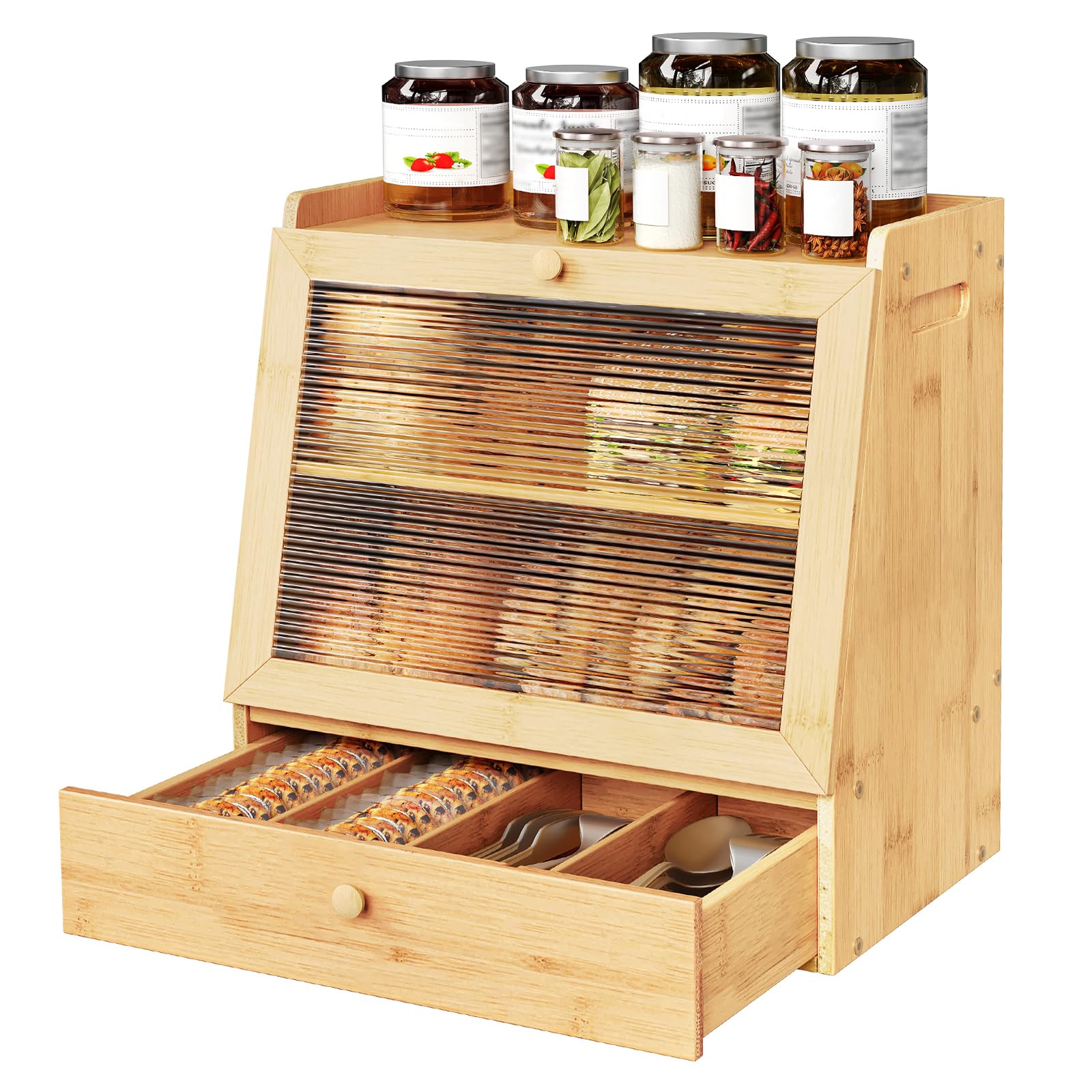 Wooden bread box with a drawer containing bread slices and jars on top on a white background
