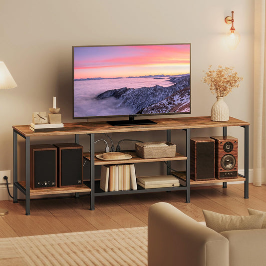 HOOBRO TV Stand with Power Outlets to 75 Inches, TV Console Table with Open Storage Shelves Cabinet, Industrial Media Entertainment Center for Living Room Bedroom, Rustic Brown and Black BF60DS01