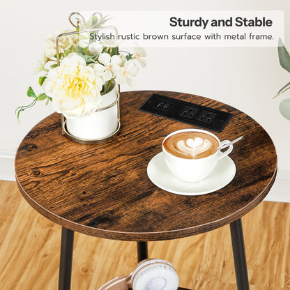 HOOBRO Retro Brown Double-Layer Round Side Table with Charging Station