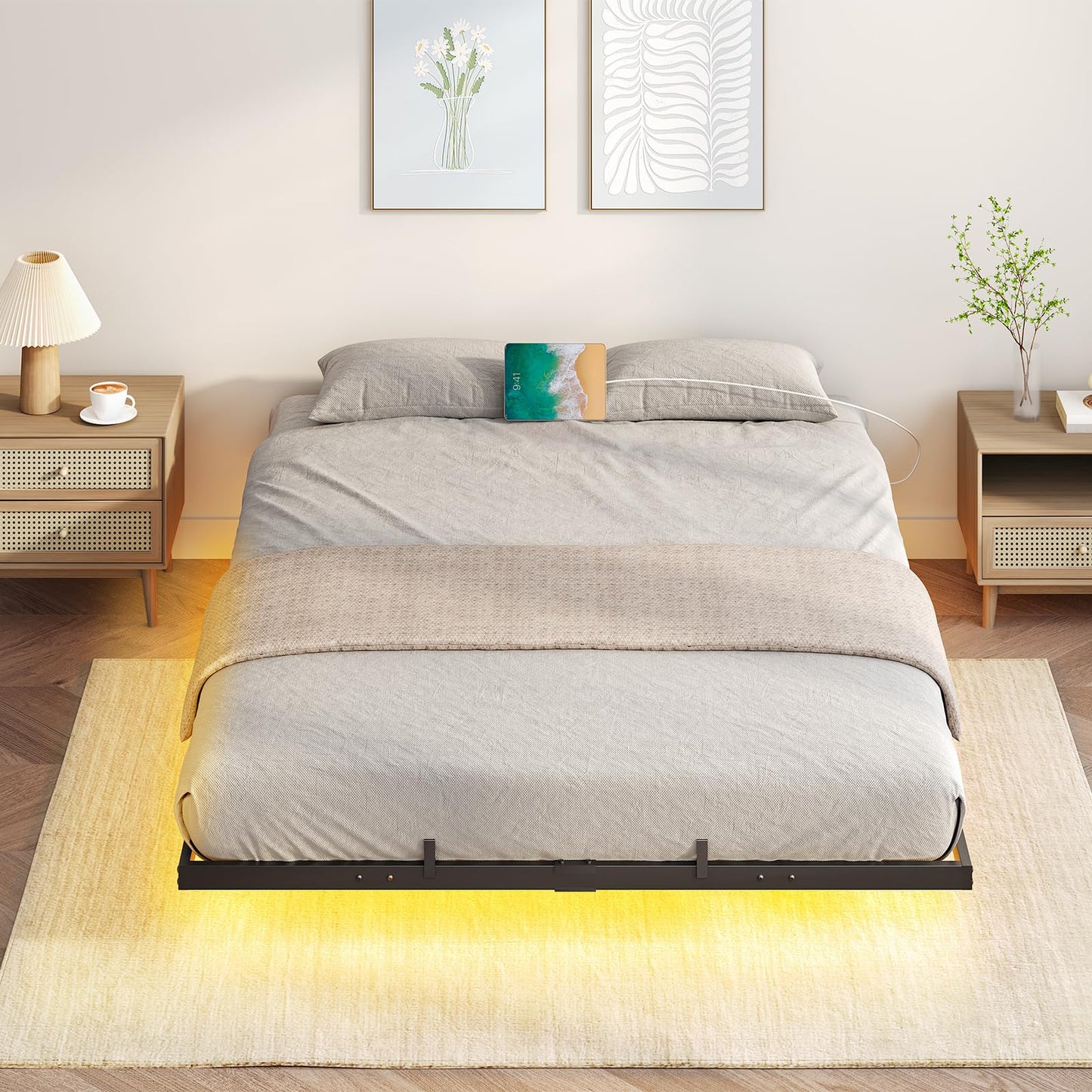 HOOBRO Floating Queen Size Bed Frame with Charging Station & LED Lights