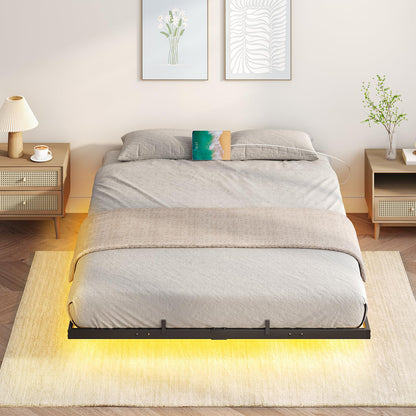 HOOBRO Floating Queen Size Bed Frame with Charging Station & LED Lights