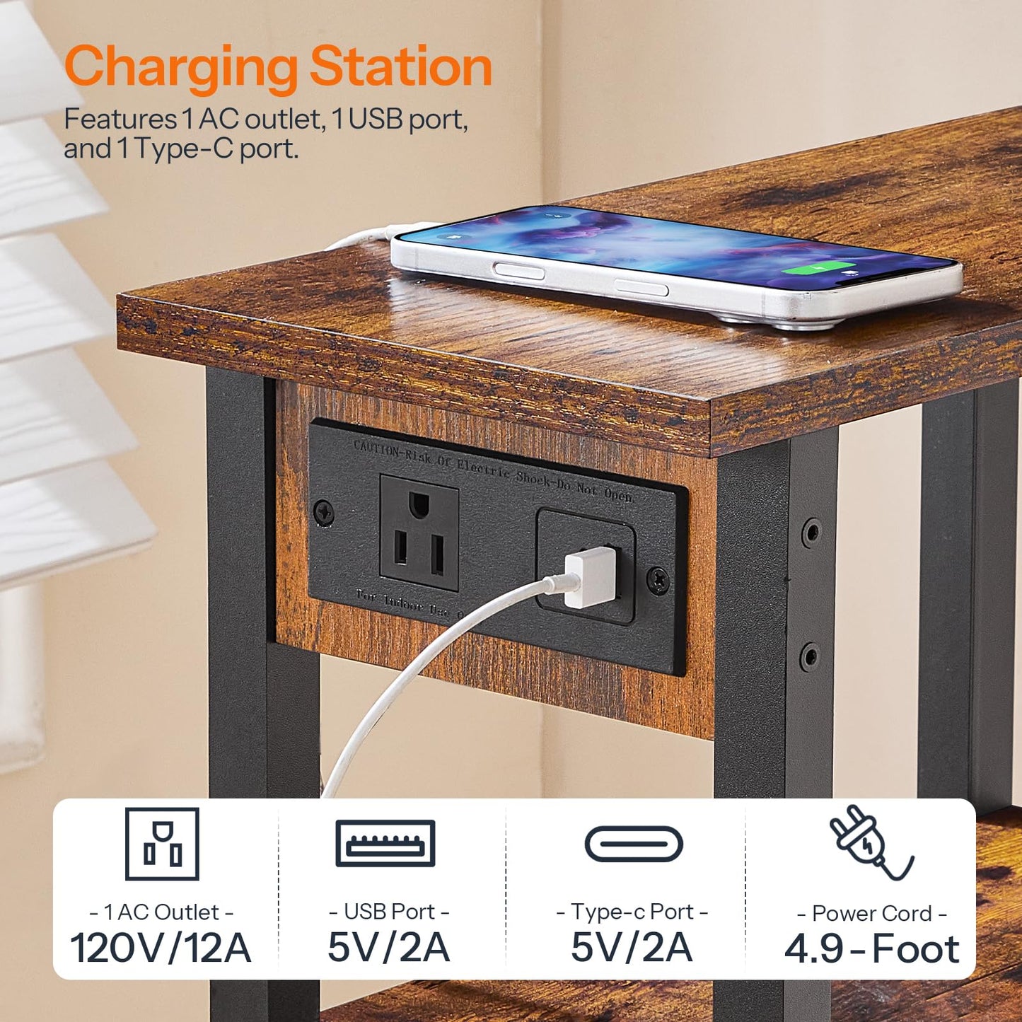 HOOBRO Narrow Side Table, 3-Tier Slim End Table with Charging Station, Skinny Nightstand with Open Storage, for Small Spaces, Living Room, Bedroom, Study, Rustic Brown and Black BF340UBZ01