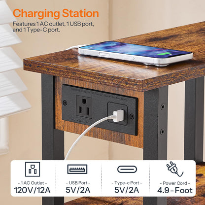 HOOBRO Narrow Side Table, 3-Tier Slim End Table with Charging Station, Skinny Nightstand with Open Storage, for Small Spaces, Living Room, Bedroom, Study, Rustic Brown and Black BF340UBZ01