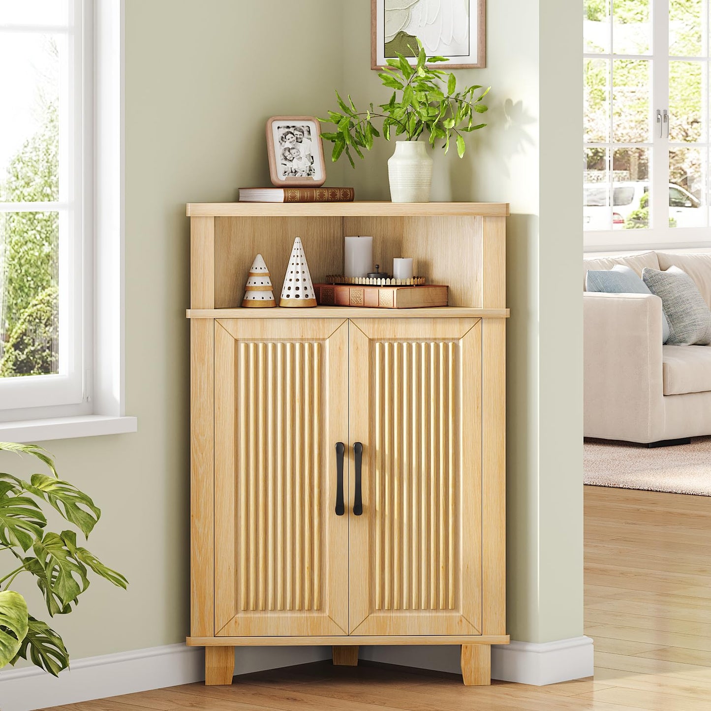 HOOBRO Small Wooden Corner Fluted Storage Cabinet with Door