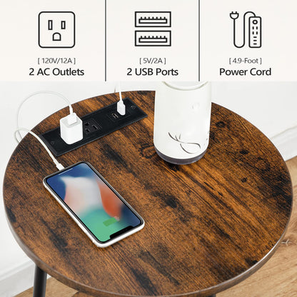HOOBRO Retro Brown Double-Layer Round Side Table with Charging Station