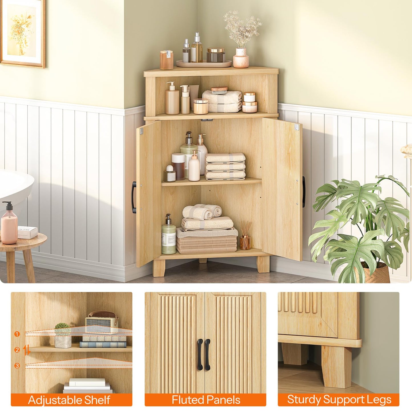 HOOBRO Small Wooden Corner Fluted Storage Cabinet with Door